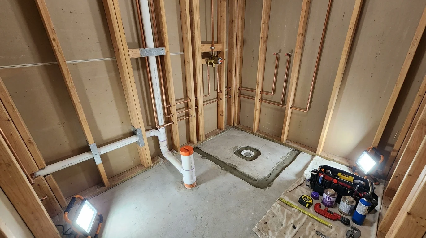 Bathroom rough-in plumbing during remodel by Johns Plumbing LLC in Fort Drum