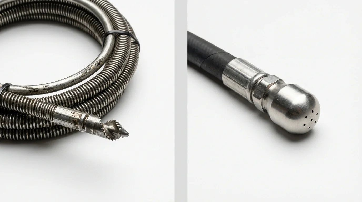 Drain snake cable and hydro jetting nozzle used for drain cleaning in Fort Drum, NY