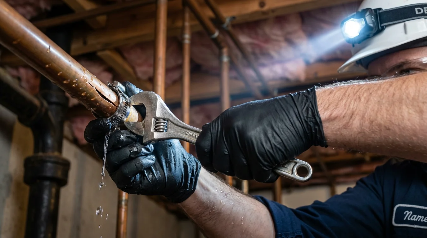 Emergency pipe clamp repair being performed by a Johns Plumbing LLC plumber in Fort Drum